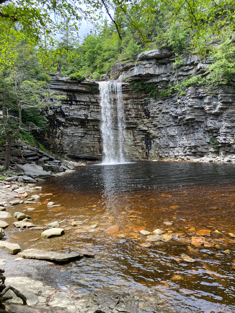 a waterfall on a rocky ledge in the Shawangunks cascading into a pool of water