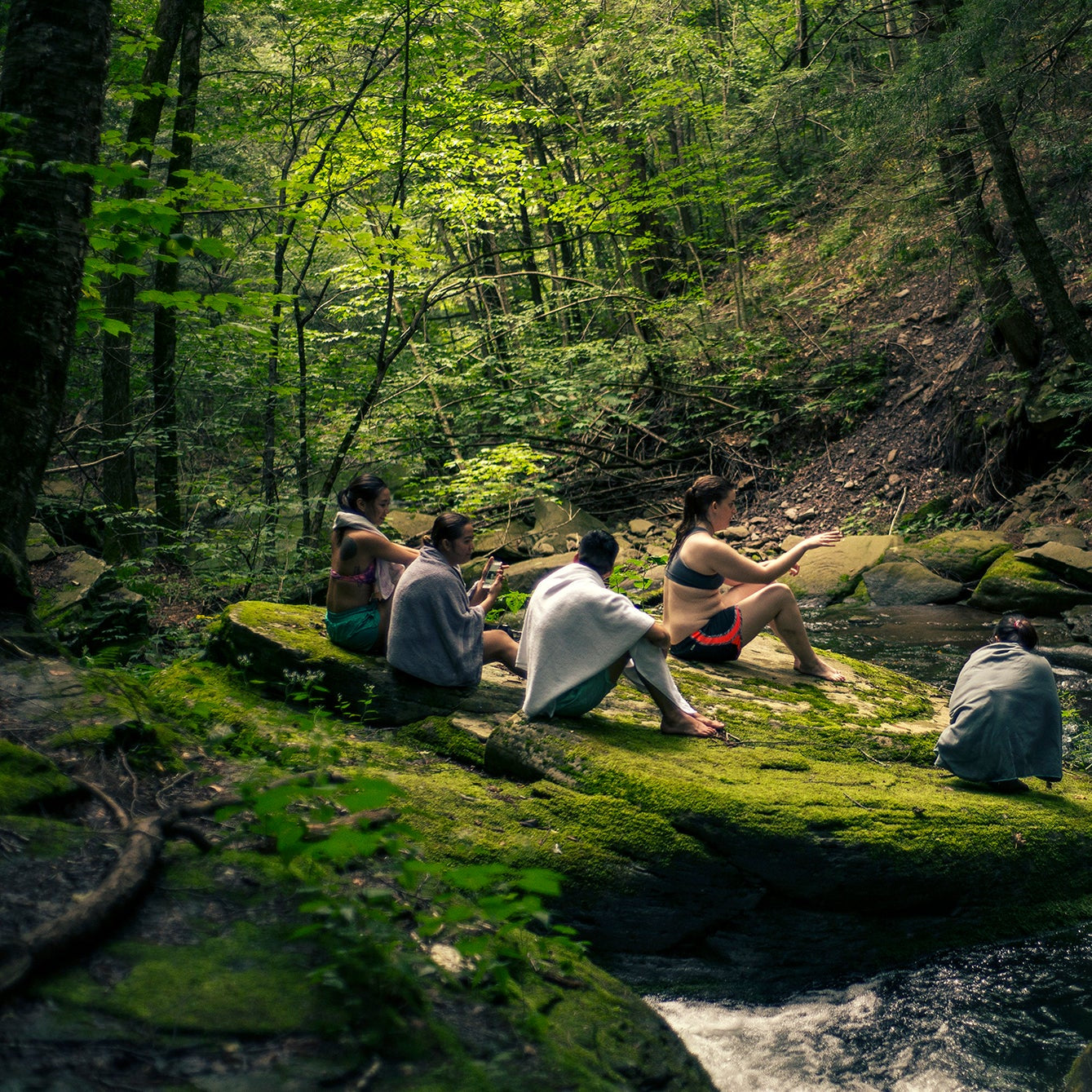 Group of people sitting by a stream in a forest