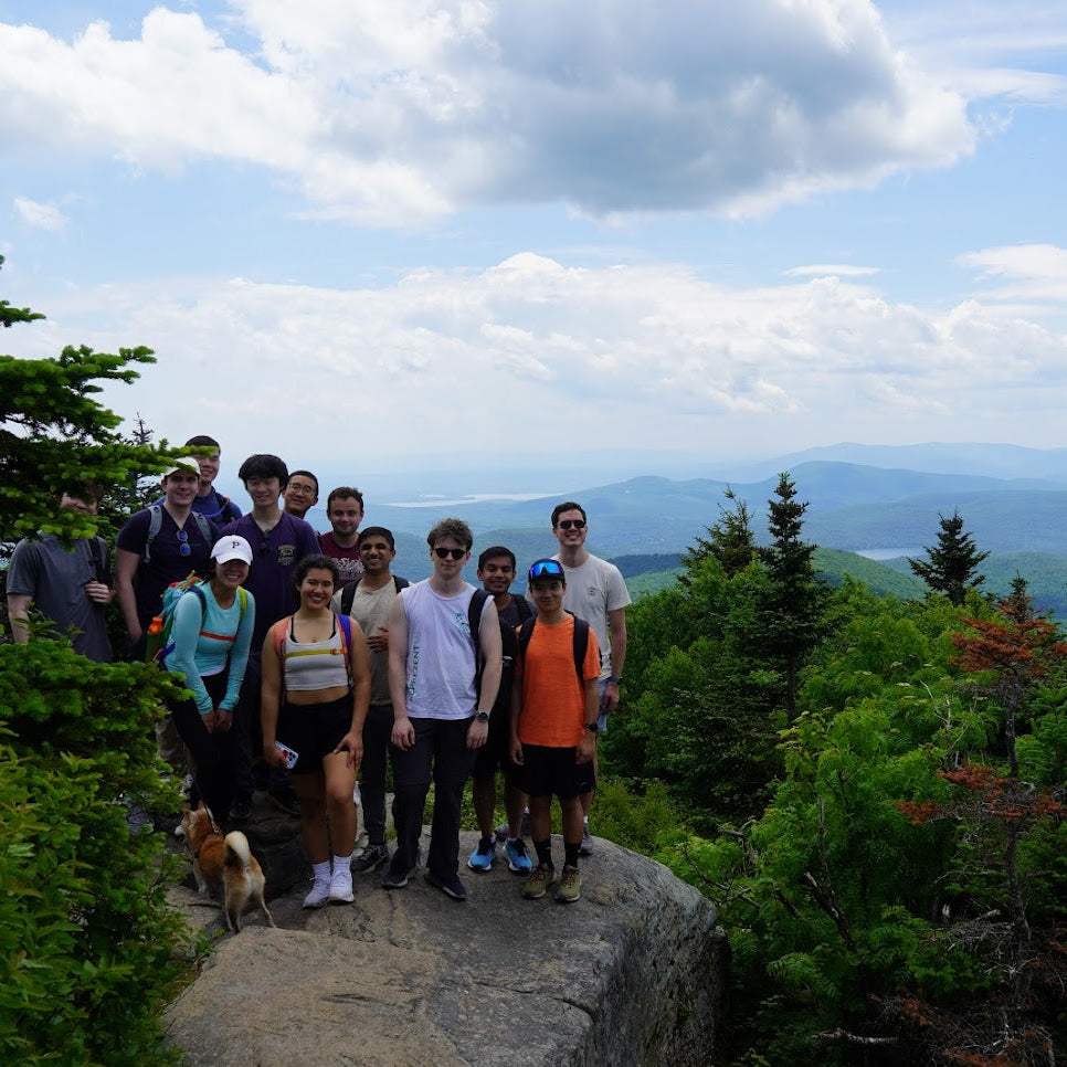 Group of people and a dog on a rocky outcrop with a scenic view in the background