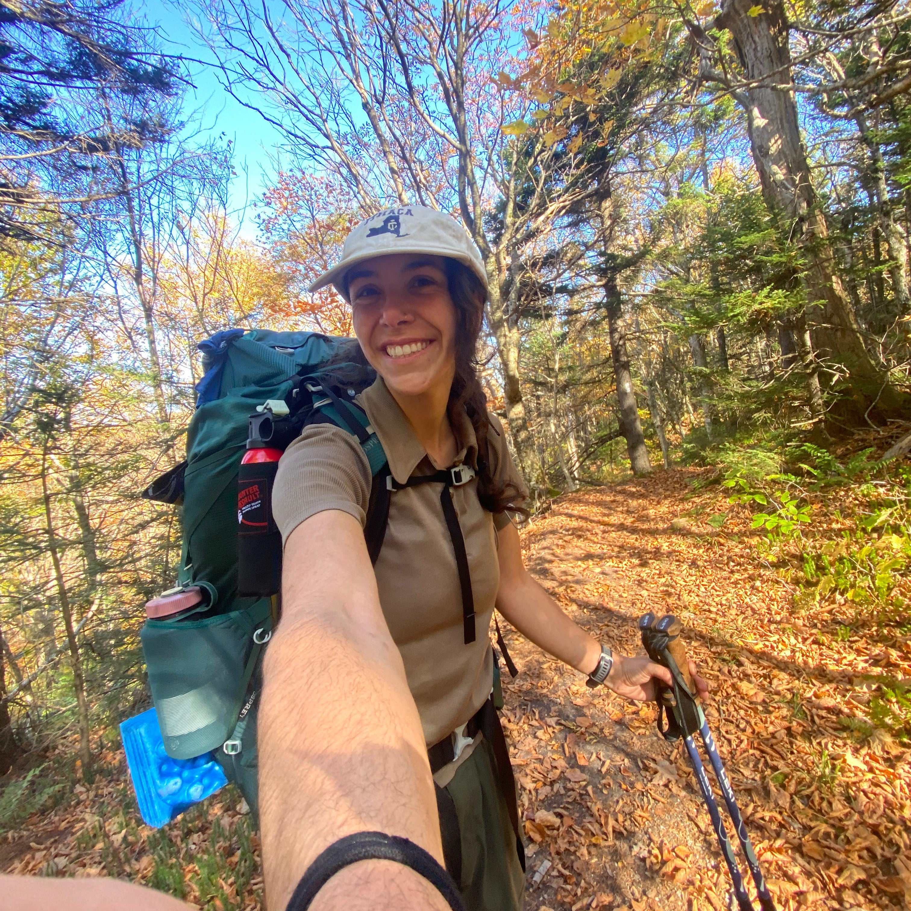 Person hiking in a forest with autumn leaves and a clear blue sky