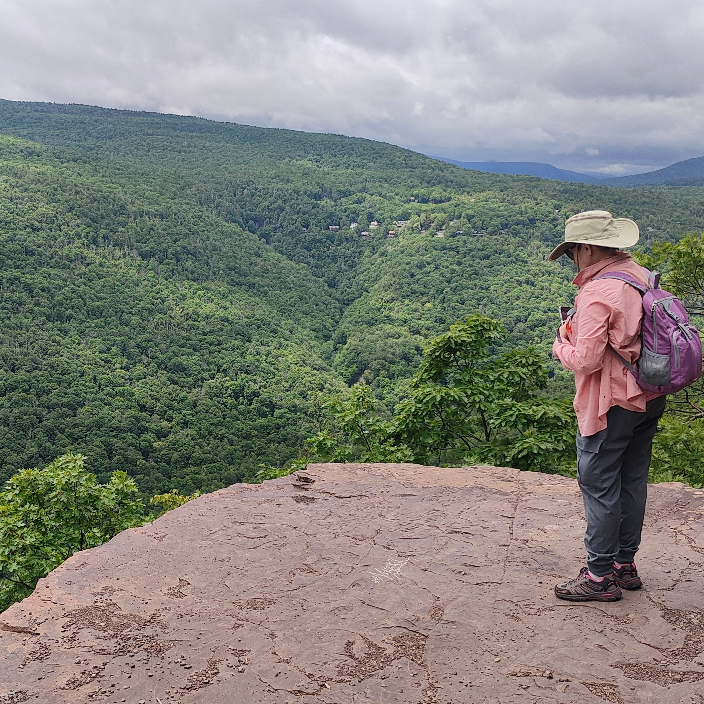 a hiker pauses at a viewpoint looking out over a lush forest from the edge of a cliff