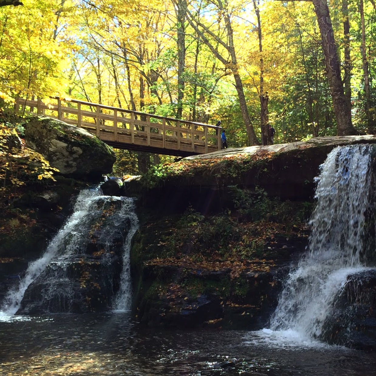 diamond notch falls in the central catskills with two waterfalls flowing